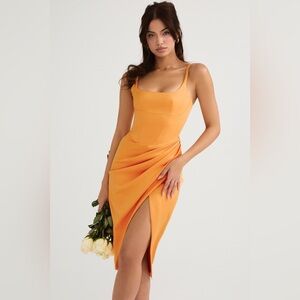 HOUSE OF CB BIANCA TANGERINE SATIN PLEATED CORSET MIDI DRESS